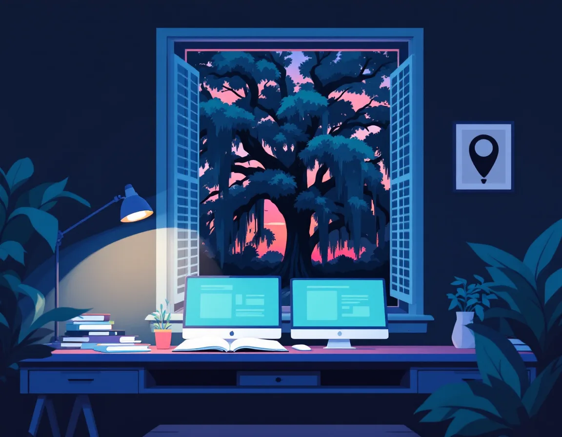 Illustration of a studio desk with a window onto a Savannah live oak